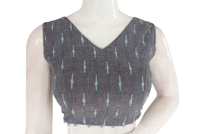 Chic and Stylish: Grey Color Ikkat V-neck Designer Blouse with Potli Button - D3blouses