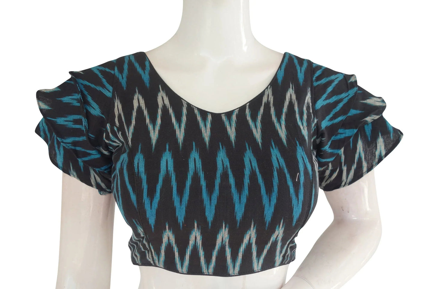 Chic Black Ikkat Readymade Saree Blouse with Ruffle Sleeve - Contemporary Ethnic Elegance - D3blouses