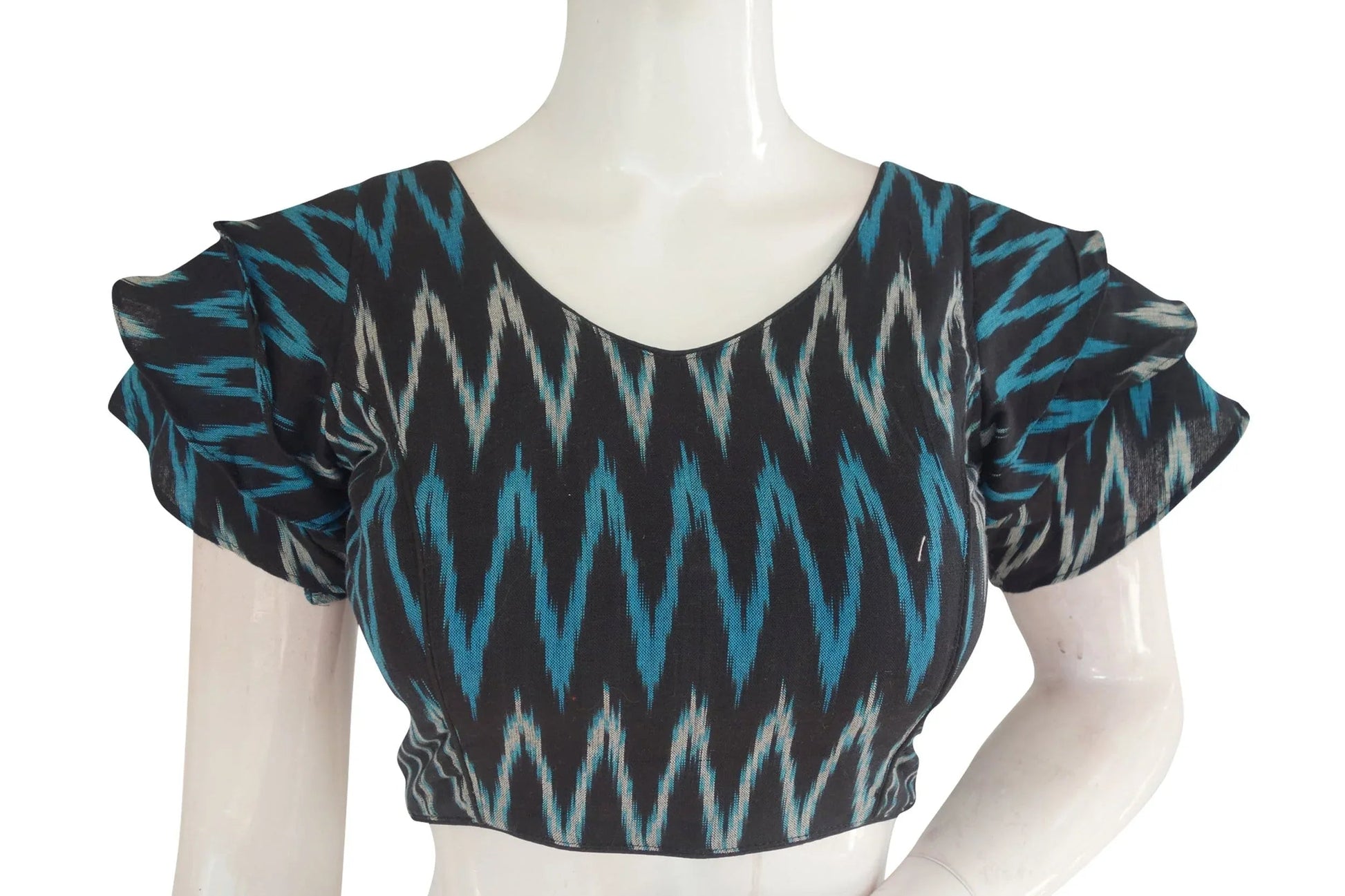 Chic Black Ikkat Readymade Saree Blouse with Ruffle Sleeve - Contemporary Ethnic Elegance - D3blouses