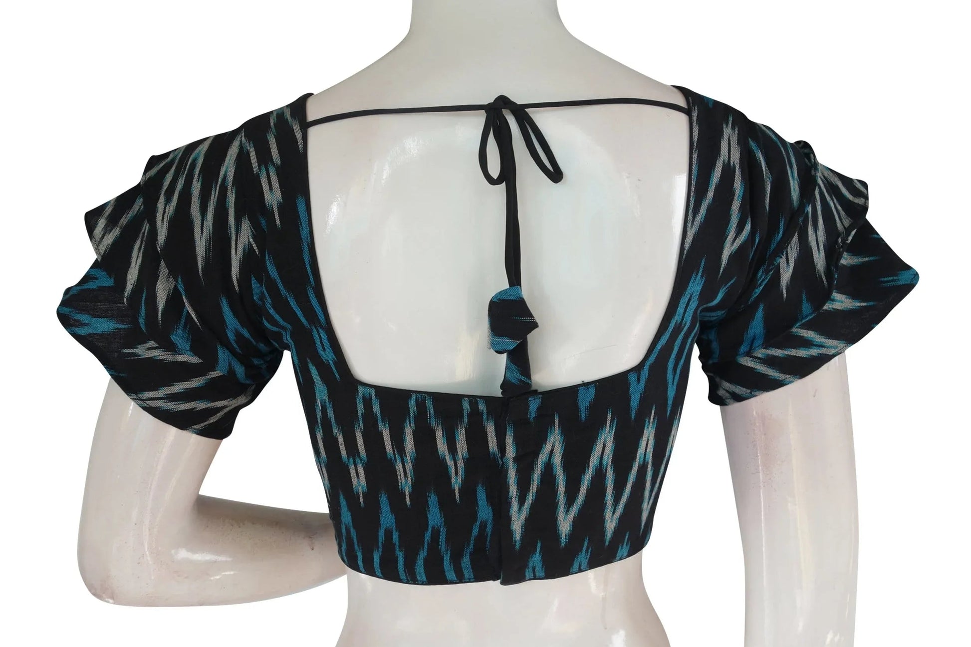 Chic Black Ikkat Readymade Saree Blouse with Ruffle Sleeve - Contemporary Ethnic Elegance - D3blouses