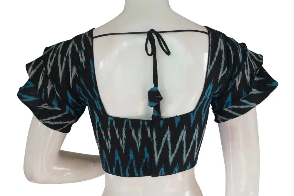 Chic Black Ikkat Readymade Saree Blouse with Ruffle Sleeve - Contemporary Ethnic Elegance - D3blouses