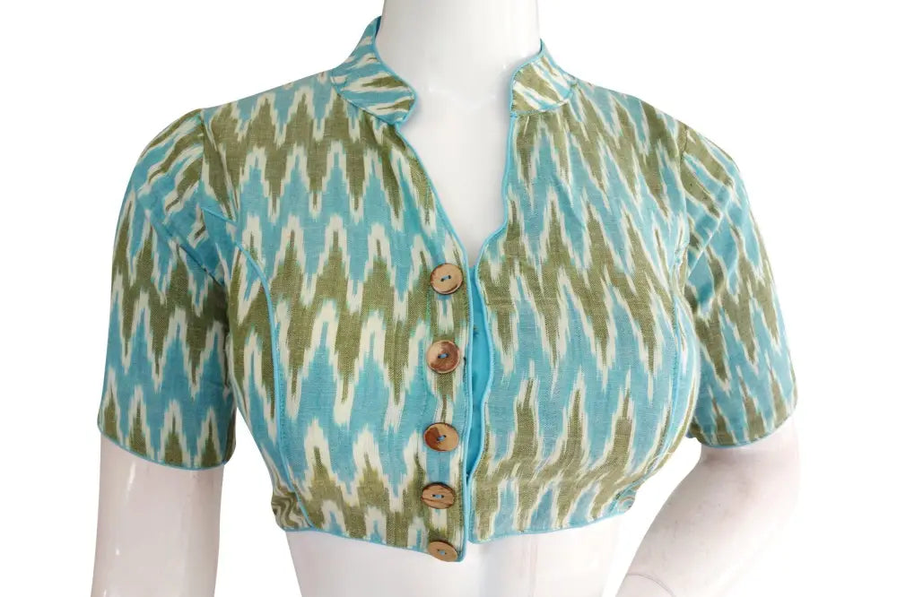 Chic Blue Ikkat Collar Designer Readymade Blouse – Elevate Your Style! - D3blouses