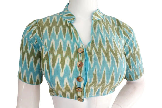Chic Blue Ikkat Collar Designer Readymade Blouse – Elevate Your Style! - D3blouses