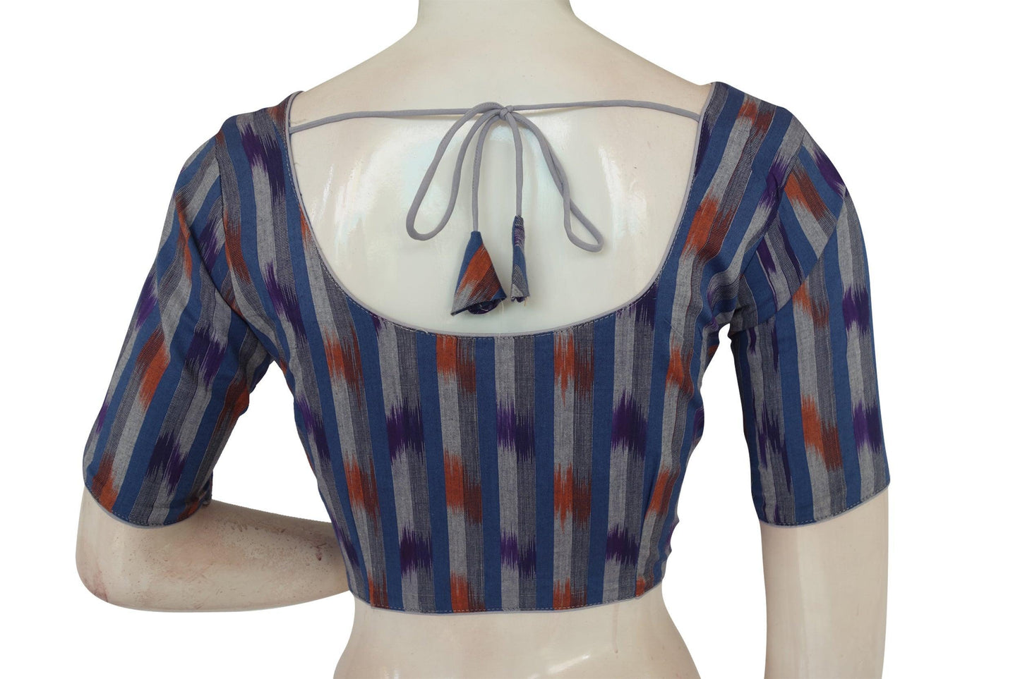 Chic Blue Ikkat Cotton Readymade Saree Blouse, Timeless Elegance - D3blouses