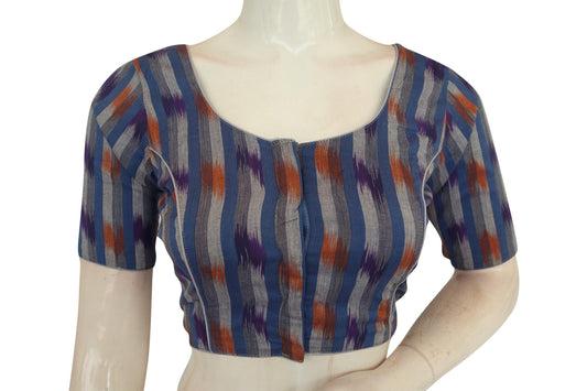 Chic Blue Ikkat Cotton Readymade Saree Blouse, Timeless Elegance - D3blouses