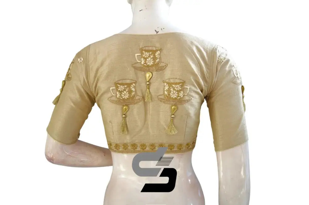 Chic Creamy Gold: High Neck Designer Silk Saree Blouses - D3blouses