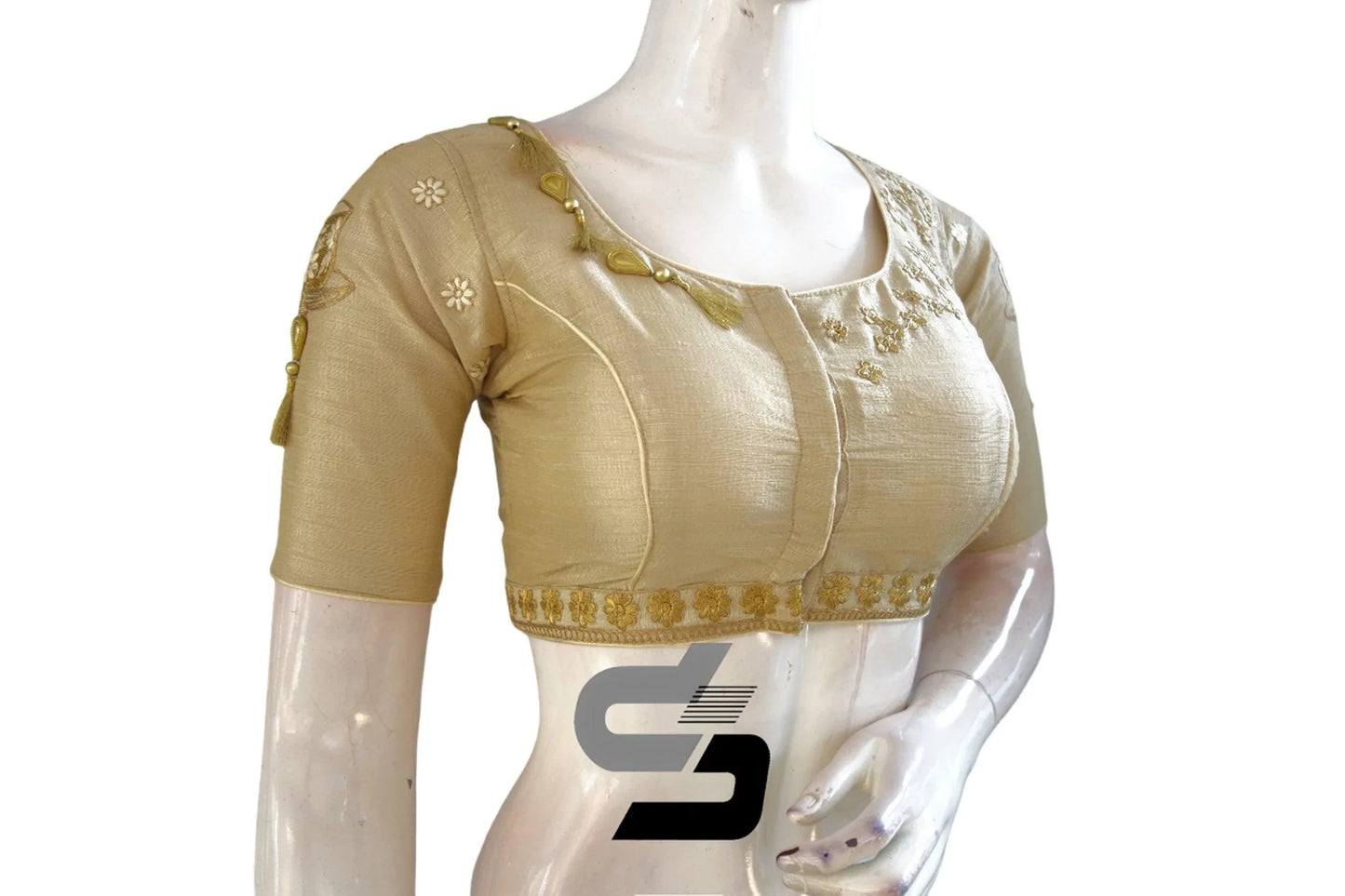 Chic Creamy Gold: High Neck Designer Silk Saree Blouses - D3blouses