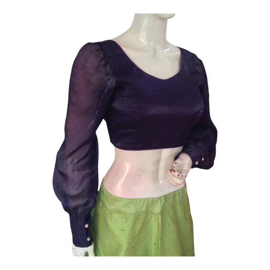 Chic Dark Purple Organza Ballon Full Sleeve Blouse | Modern Saree Blouse - D3blouses