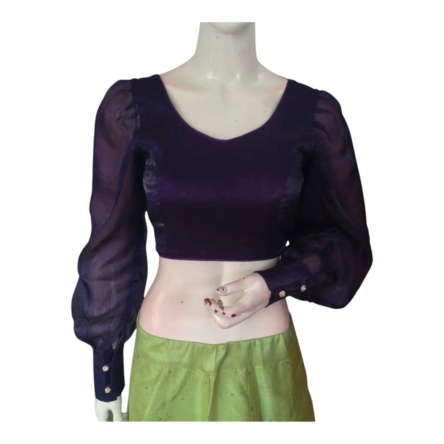 Chic Dark Purple Organza Ballon Full Sleeve Blouse | Modern Saree Blouse - D3blouses