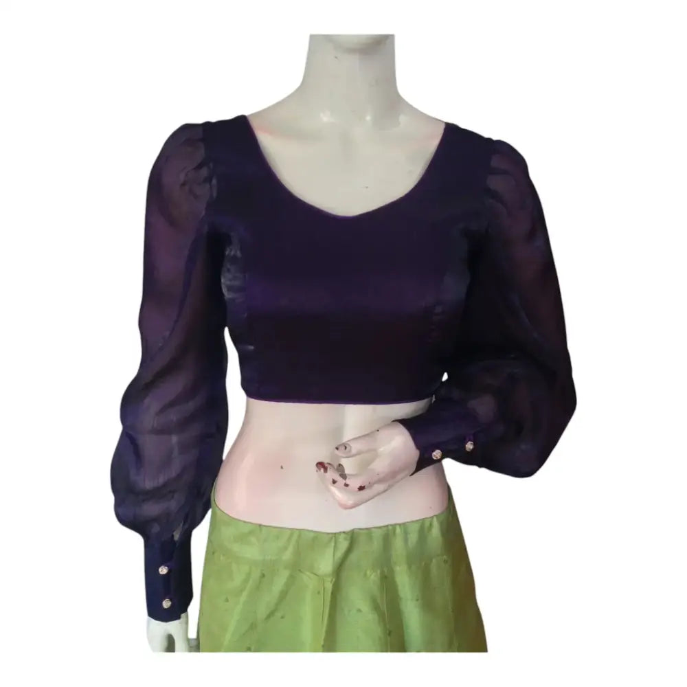 Chic Dark Purple Organza Ballon Full Sleeve Blouse | Modern Saree Blouse - D3blouses