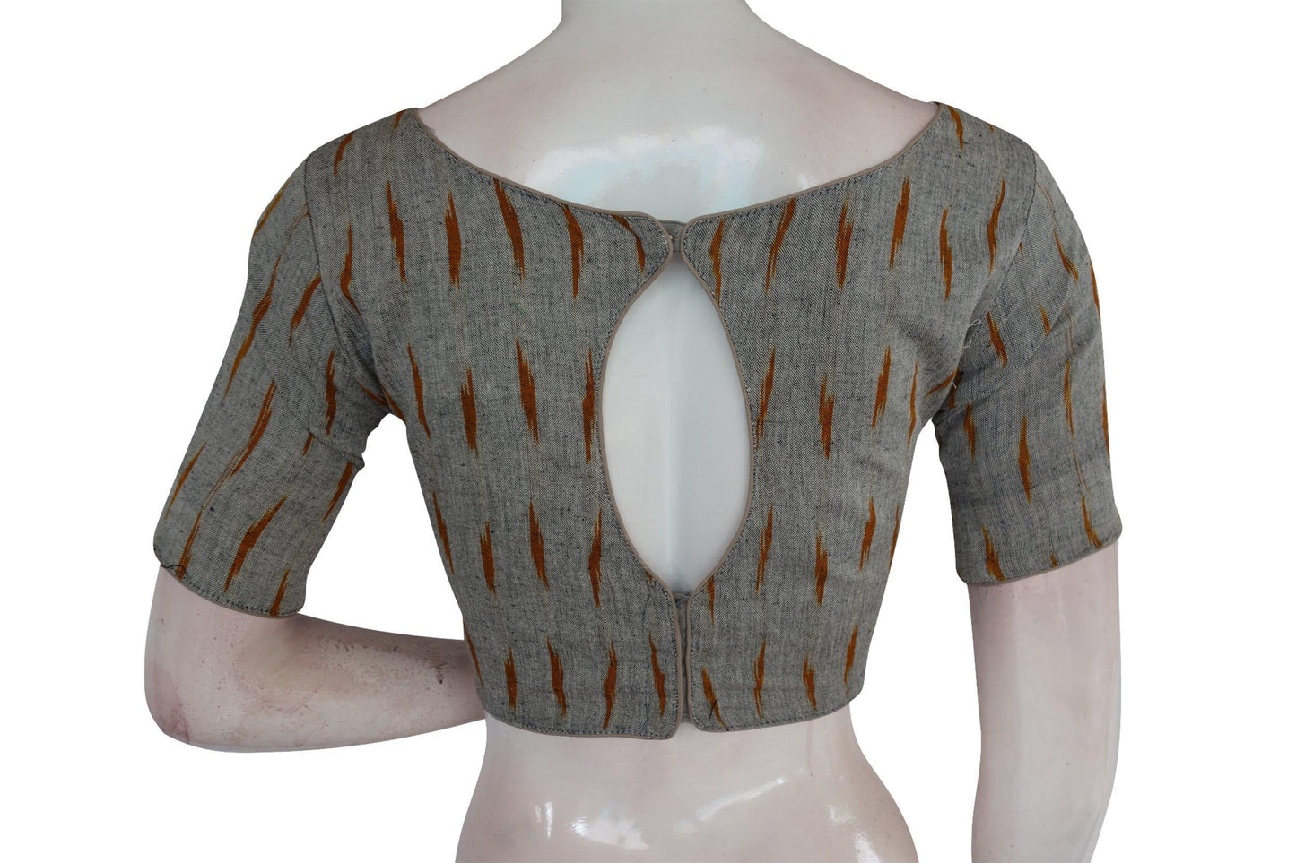 Chic Grey Ikkat Boat Neck Designer Indian Saree Readymade Blouses - D3blouses