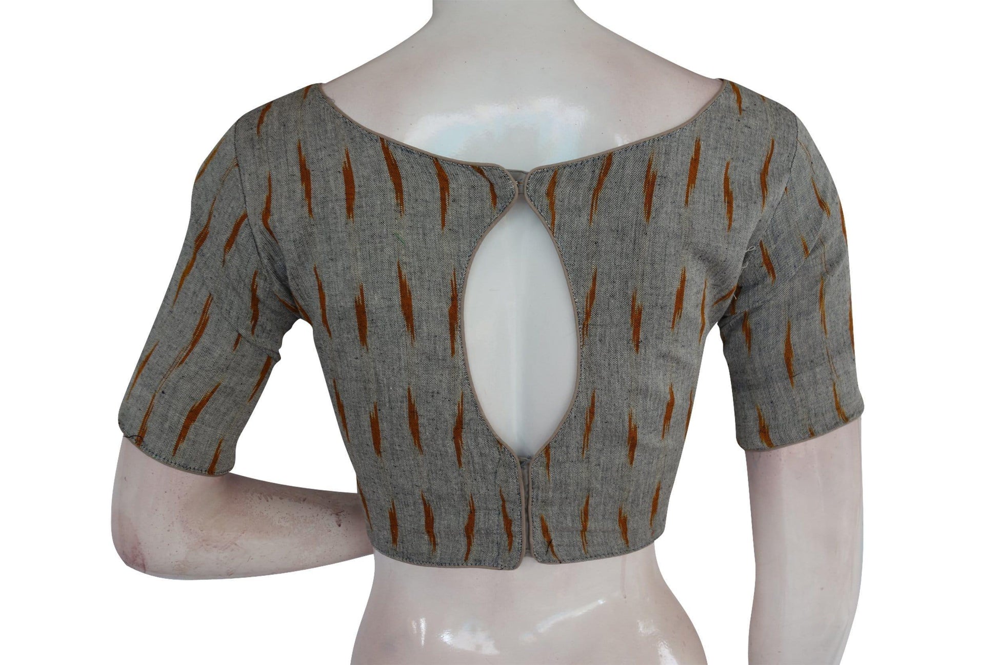 Chic Grey Ikkat Boat Neck Designer Indian Saree Readymade Blouses - D3blouses