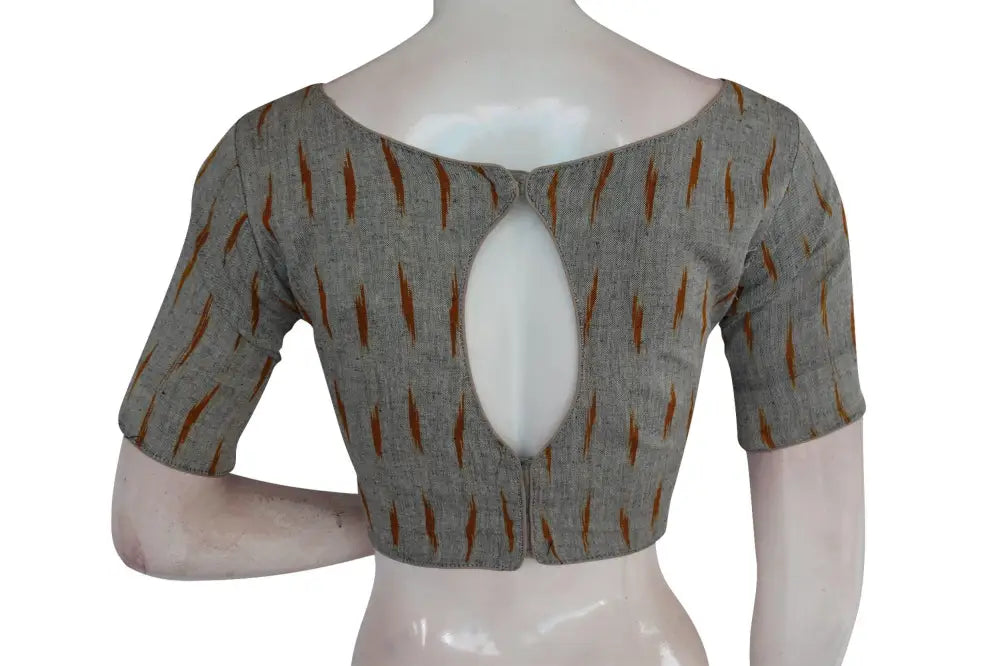 Chic Grey Ikkat Boat Neck Designer Indian Saree Readymade Blouses - D3blouses
