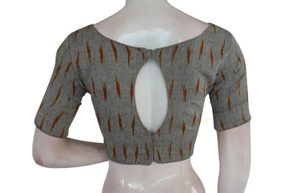 Chic Grey Ikkat Boat Neck Designer Indian Saree Readymade Blouses - D3blouses