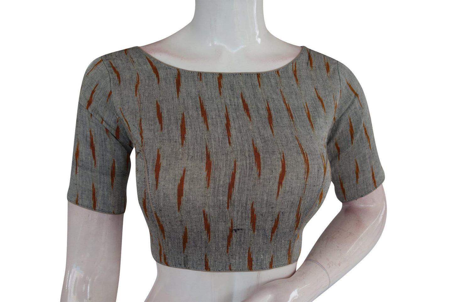 Chic Grey Ikkat Boat Neck Designer Indian Saree Readymade Blouses - D3blouses