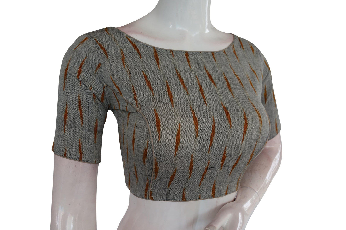 Chic Grey Ikkat Boat Neck Designer Indian Saree Readymade Blouses - D3blouses