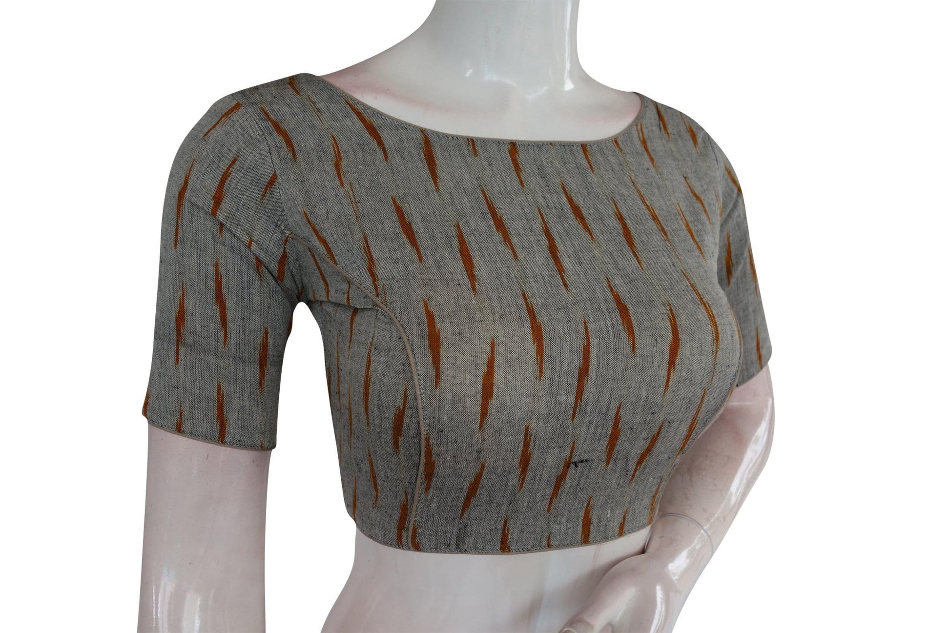 Chic Grey Ikkat Boat Neck Designer Indian Saree Readymade Blouses - D3blouses