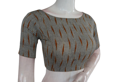 Chic Grey Ikkat Boat Neck Designer Indian Saree Readymade Blouses - D3blouses