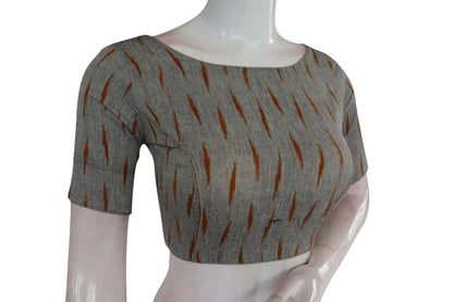 Chic Grey Ikkat Boat Neck Designer Indian Saree Readymade Blouses - D3blouses