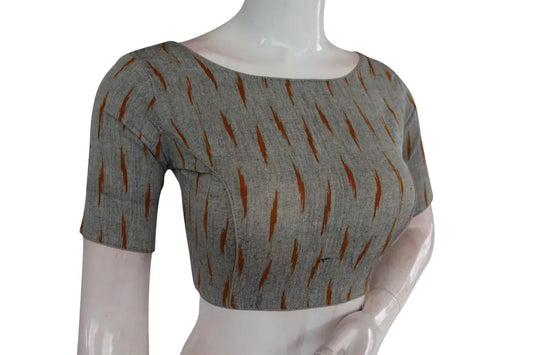Chic Grey Ikkat Boat Neck Designer Indian Saree Readymade Blouses - D3blouses