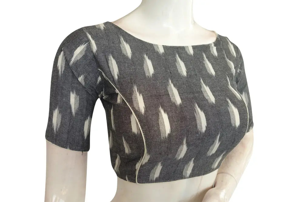 Chic Grey Ikkat Boat Neck Designer Readymade Saree Blouses - D3blouses