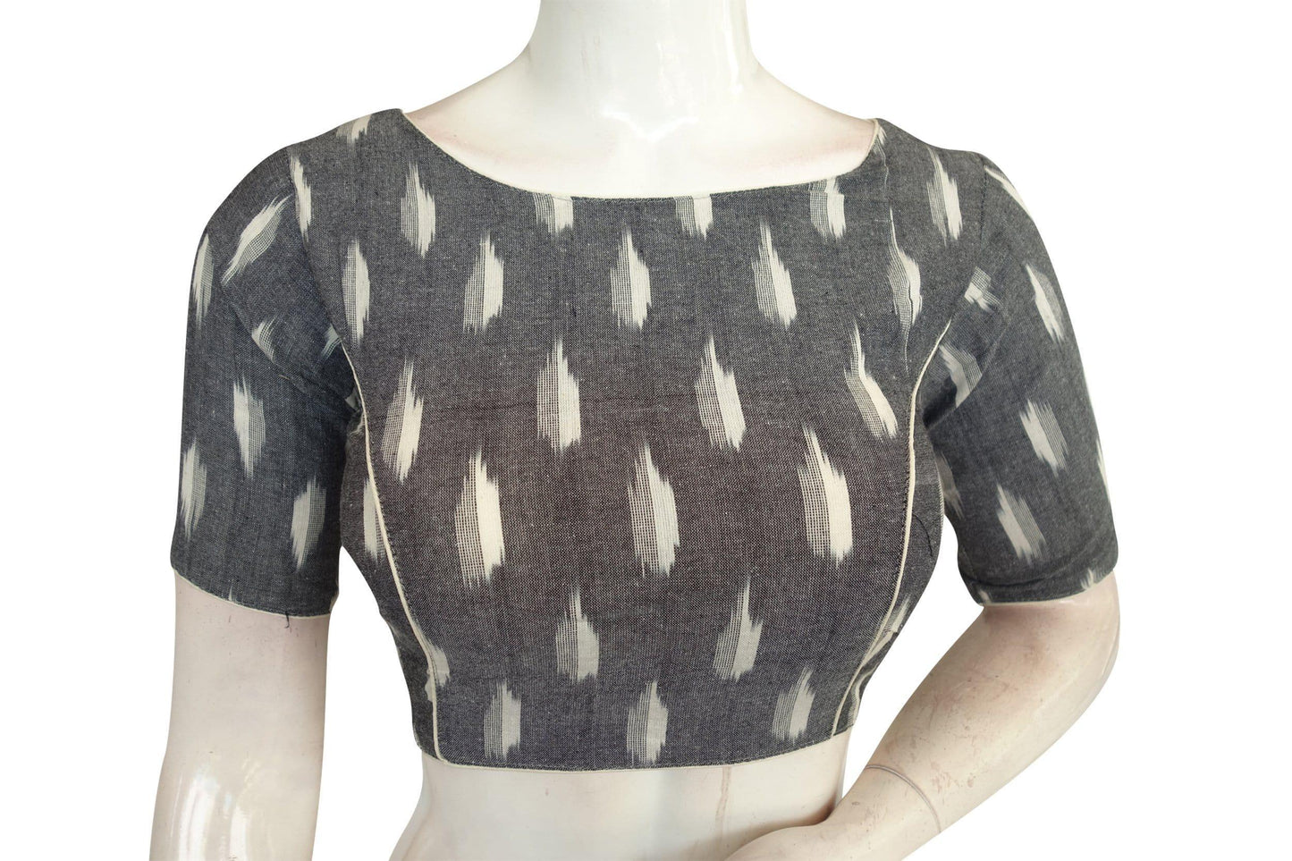 Chic Grey Ikkat Boat Neck Designer Readymade Saree Blouses - D3blouses