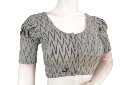 Chic Grey Ikkat Cotton Designer Blouse with Puff Sleeves, Elevate Your Style - D3blouses