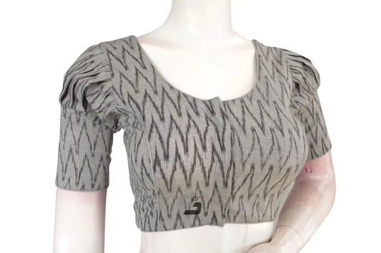 Chic Grey Ikkat Cotton Designer Blouse with Puff Sleeves, Elevate Your Style - D3blouses