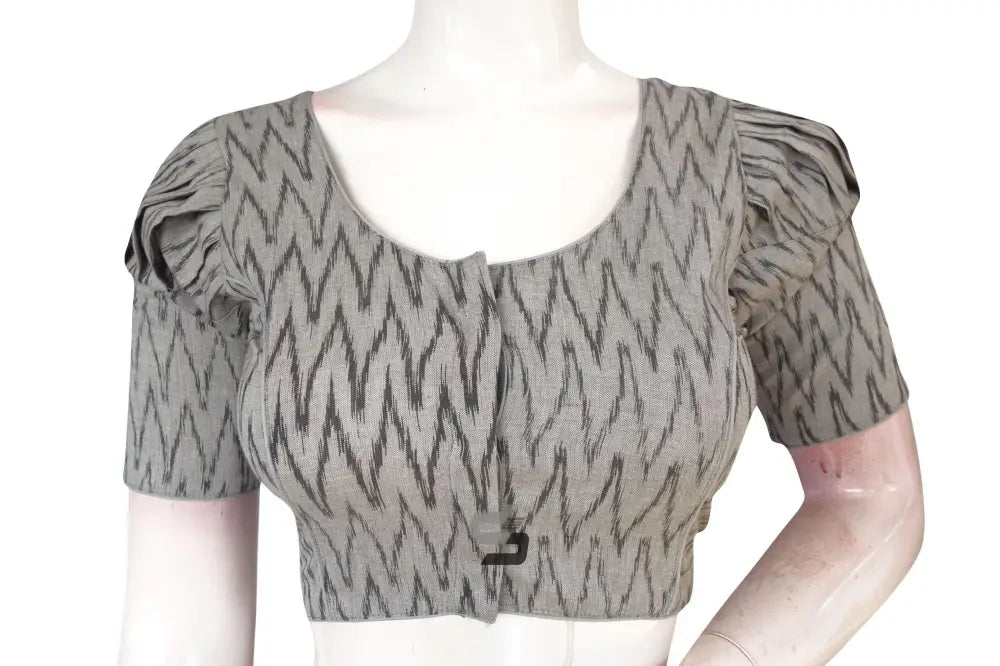 Chic Grey Ikkat Cotton Designer Blouse with Puff Sleeves, Elevate Your Style - D3blouses