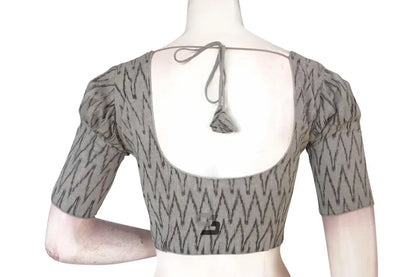 Chic Grey Ikkat Cotton Designer Blouse with Puff Sleeves, Elevate Your Style - D3blouses