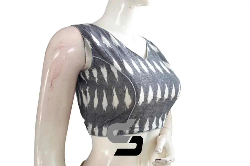 Chic Grey Ikkat V-neck Designer Readymade Blouse with Tassels – Elevate Your Style! - D3blouses