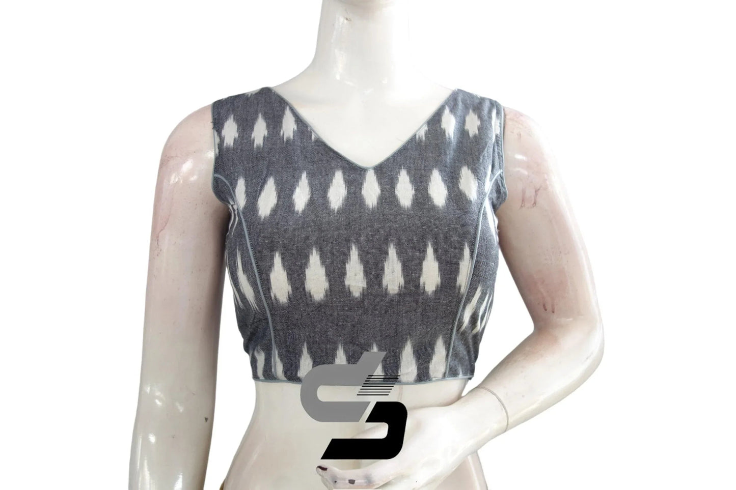 Chic Grey Ikkat V-neck Designer Readymade Blouse with Tassels – Elevate Your Style! - D3blouses