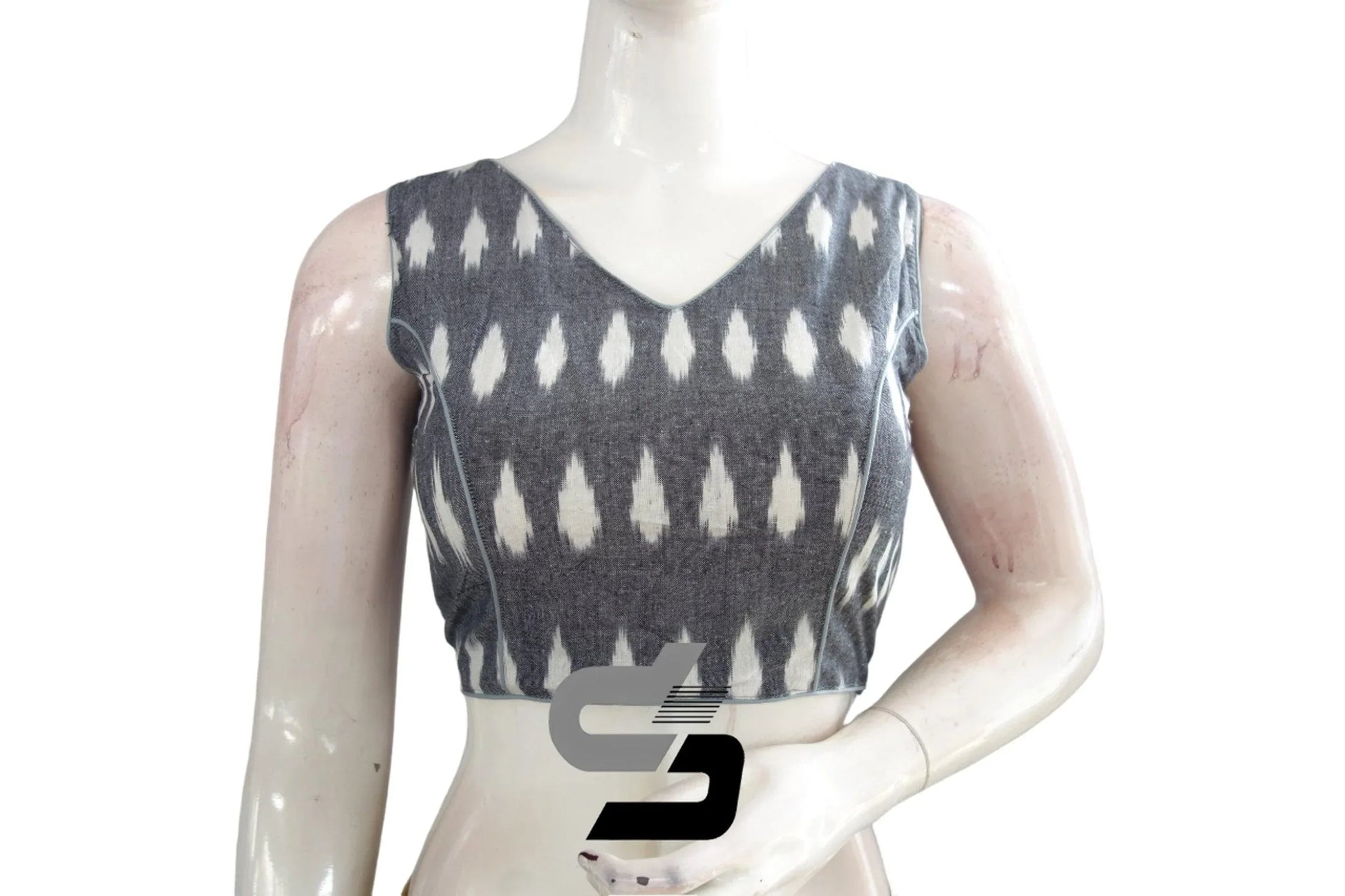 Chic Grey Ikkat V-neck Designer Readymade Blouse with Tassels – Elevate Your Style! - D3blouses