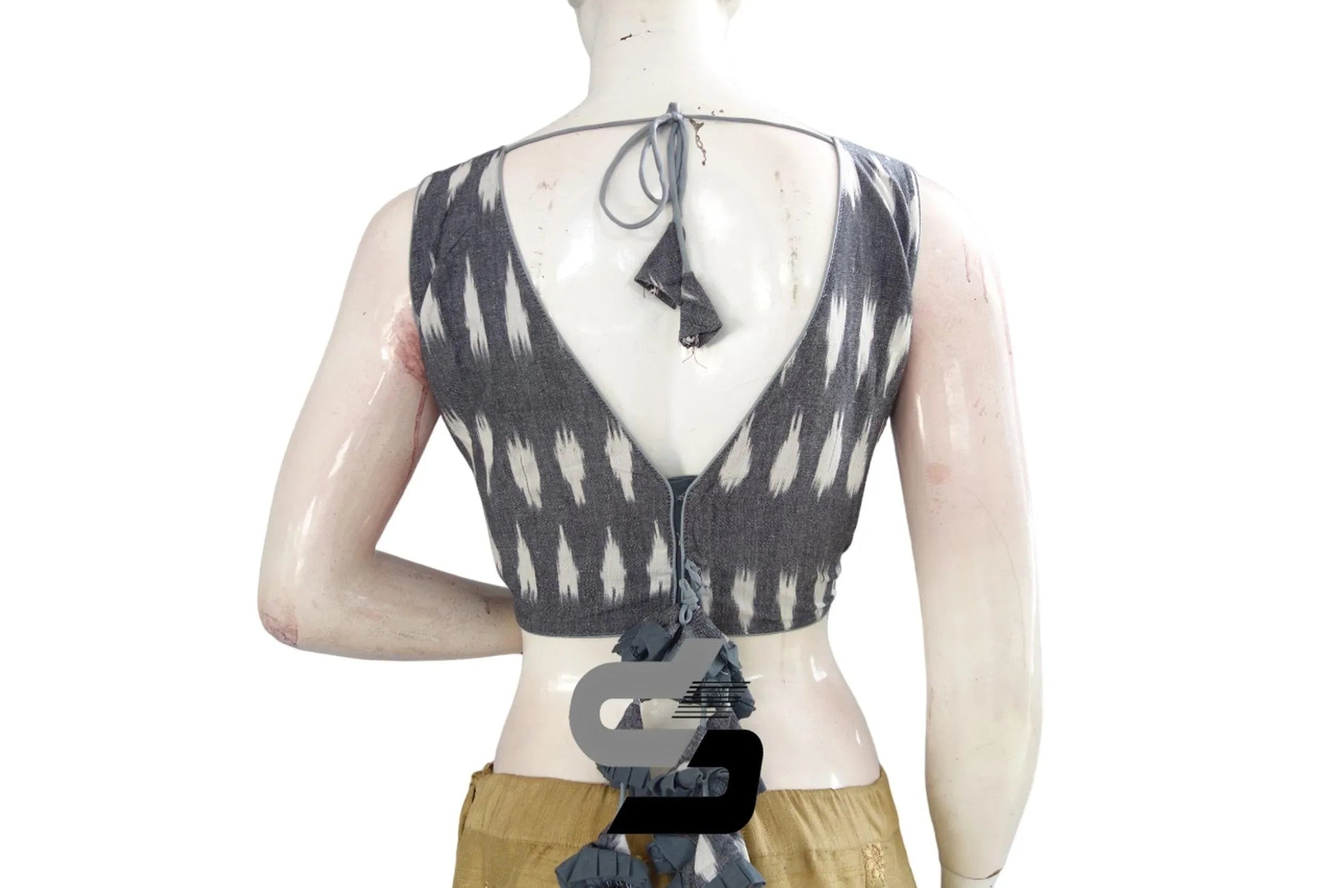 Chic Grey Ikkat V-neck Designer Readymade Blouse with Tassels – Elevate Your Style! - D3blouses