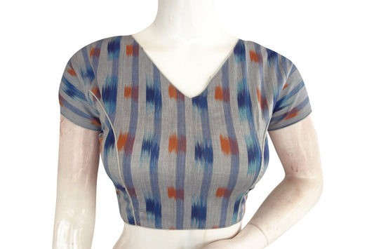 Chic Grey Ikkat V-Neck Designer Readymade Saree Blouse, Ethnic Elegance - D3blouses