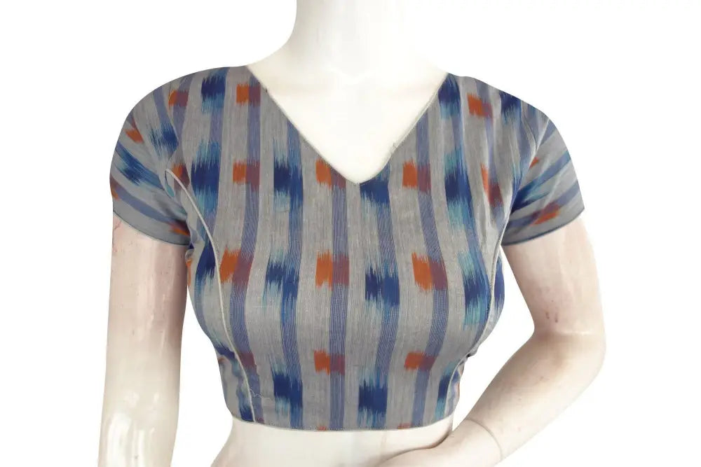 Chic Grey Ikkat V-Neck Designer Readymade Saree Blouse, Ethnic Elegance - D3blouses