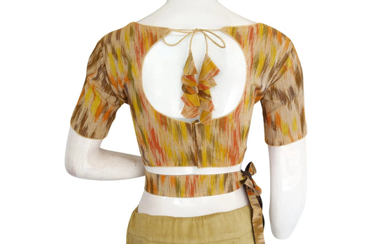 Chic Ikkat Boat Neck Readymade Saree Blouse with Belt and Matching Mask - D3blouses