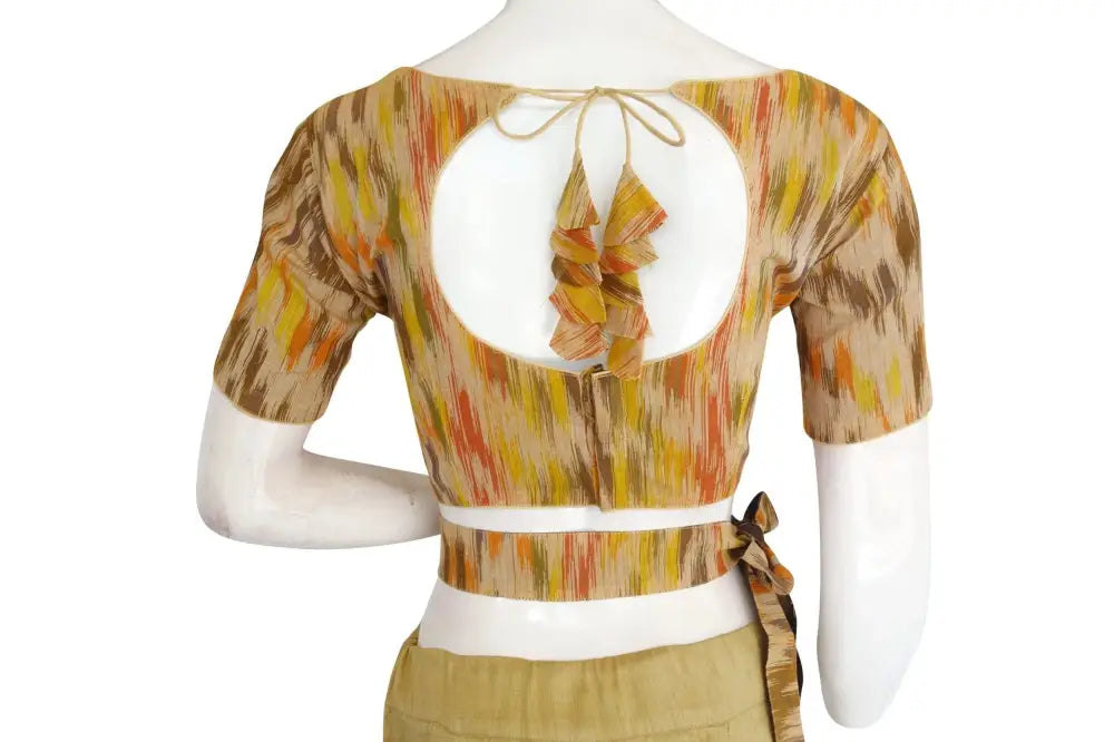 Chic Ikkat Boat Neck Readymade Saree Blouse with Belt and Matching Mask - D3blouses