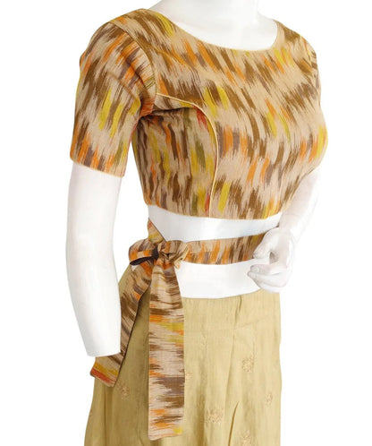 Chic Ikkat Boat Neck Readymade Saree Blouse with Belt and Matching Mask - D3blouses