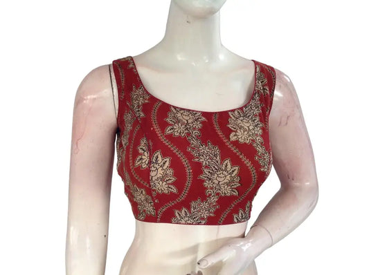 Chic Maroon Kalamkari Saree Blouses, Indian Cotton Designer Collection - D3blouses
