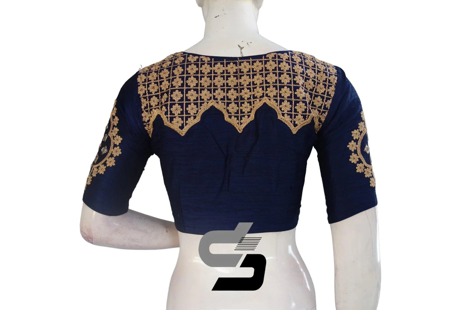Chic Navy Blue High Neck Embroidered Saree Blouses - Modern Elegance - D3blouses