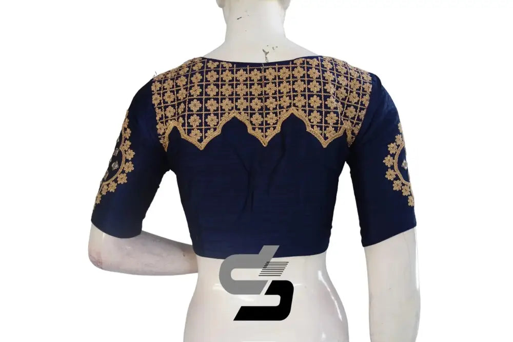 Chic Navy Blue High Neck Embroidered Saree Blouses - Modern Elegance - D3blouses