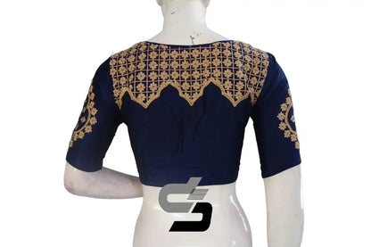 Chic Navy Blue High Neck Embroidered Saree Blouses - Modern Elegance - D3blouses