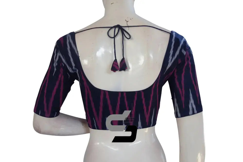 Chic Navy Blue Ikkat Cotton Readymade Blouse, Elevate Your Look! - D3blouses