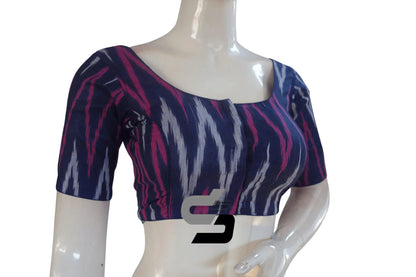 Chic Navy Blue Ikkat Cotton Readymade Blouse, Elevate Your Look! - D3blouses