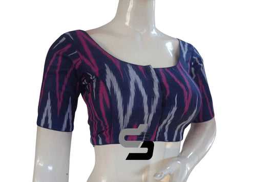 Chic Navy Blue Ikkat Cotton Readymade Blouse, Elevate Your Look! - D3blouses