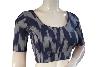 Chic Navy Blue Ikkat Cotton Readymade Saree Blouse – Elevate Your Ethnic Ensemble! - D3blouses