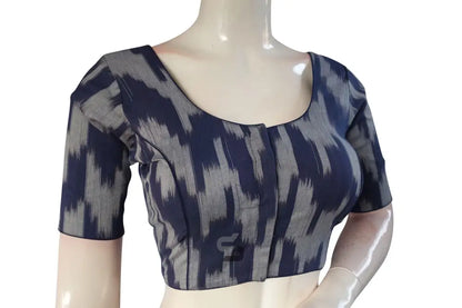 Chic Navy Blue Ikkat Cotton Readymade Saree Blouse – Elevate Your Ethnic Ensemble! - D3blouses