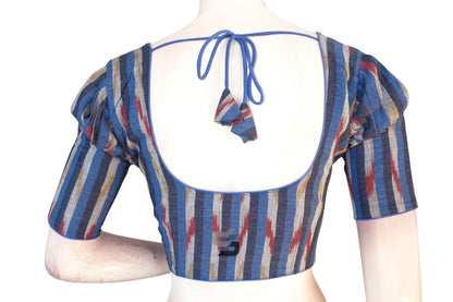 Chic Navy Blue Multi-Color Ikkat Cotton Blouse, Puff Sleeves Galore! - D3blouses