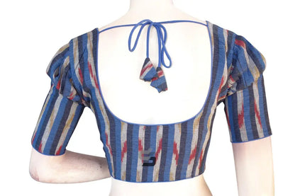 Chic Navy Blue Multi-Color Ikkat Cotton Blouse, Puff Sleeves Galore! - D3blouses